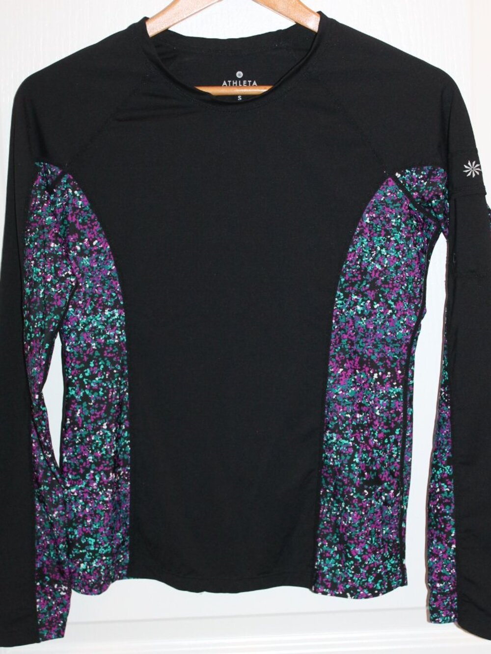 Athleta Women's LongSleeve Rash Guard Black with Purple Teal Floral Pattern